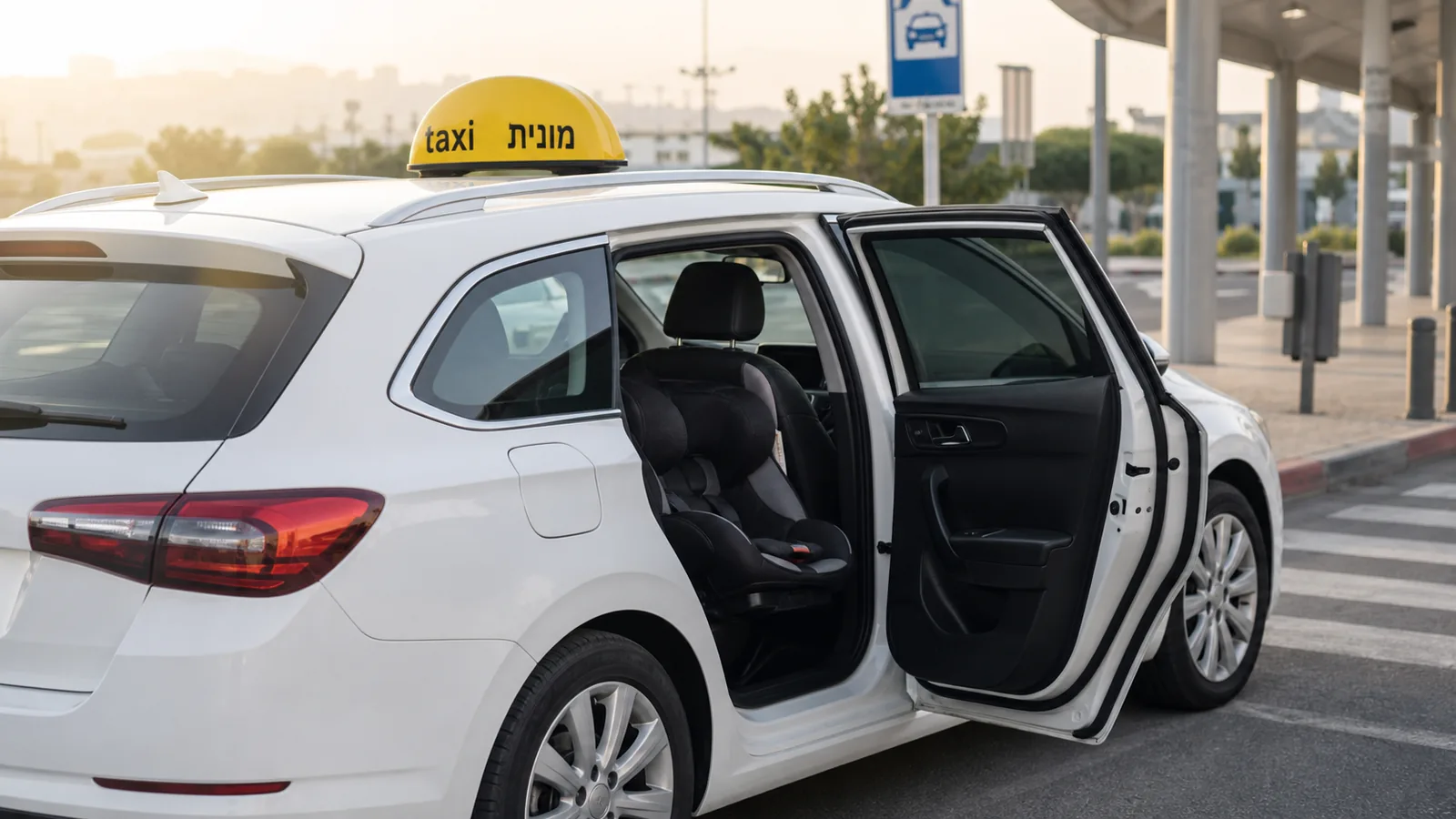 תמונה ראשית ייחודית למאמר מונית לנתב״ג עם כיסא תינוק או בוסטר