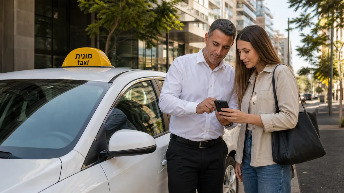 נהג ונוסעת בודקים יחד את פרטי הנסיעה בטלפון ליד מונית לבנה