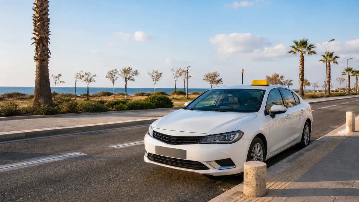 מונית לבנה עם כובע צהוב באווירת רחוב באשקלון