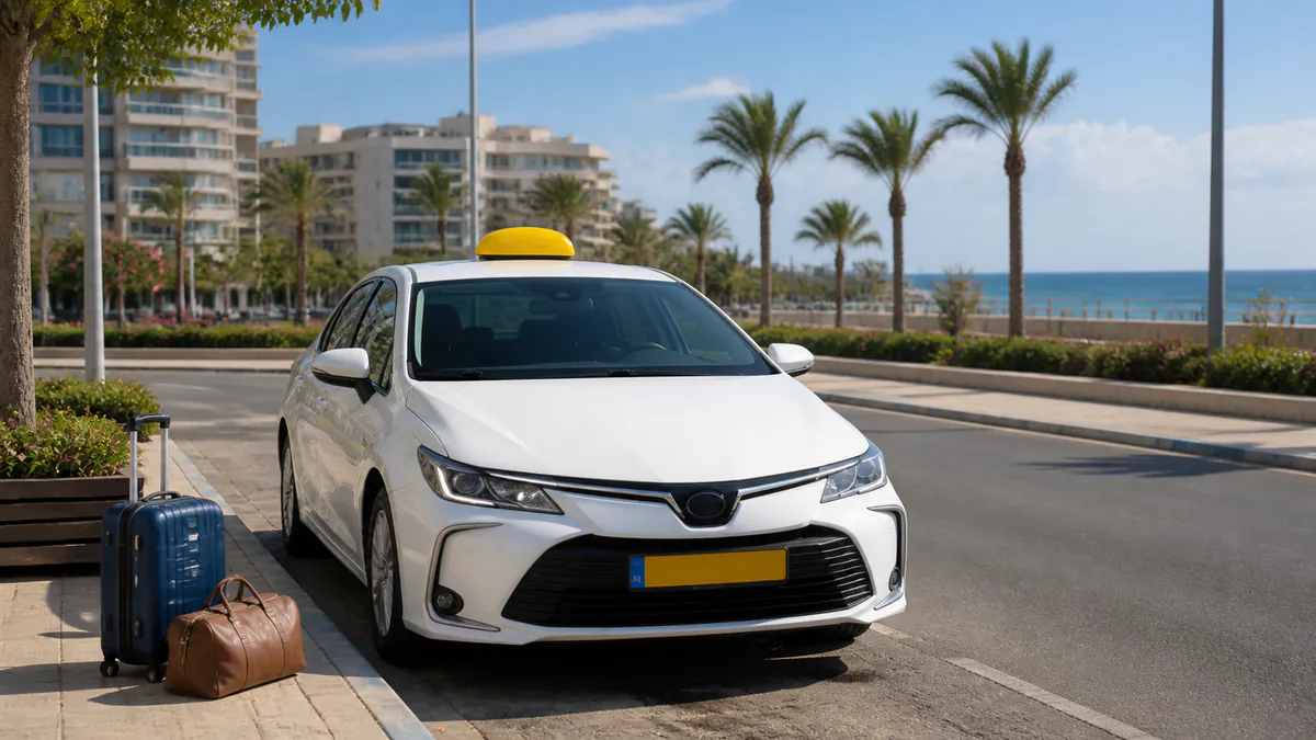 מונית לבנה עם כובע צהוב ומטען לפני יציאה מאשקלון