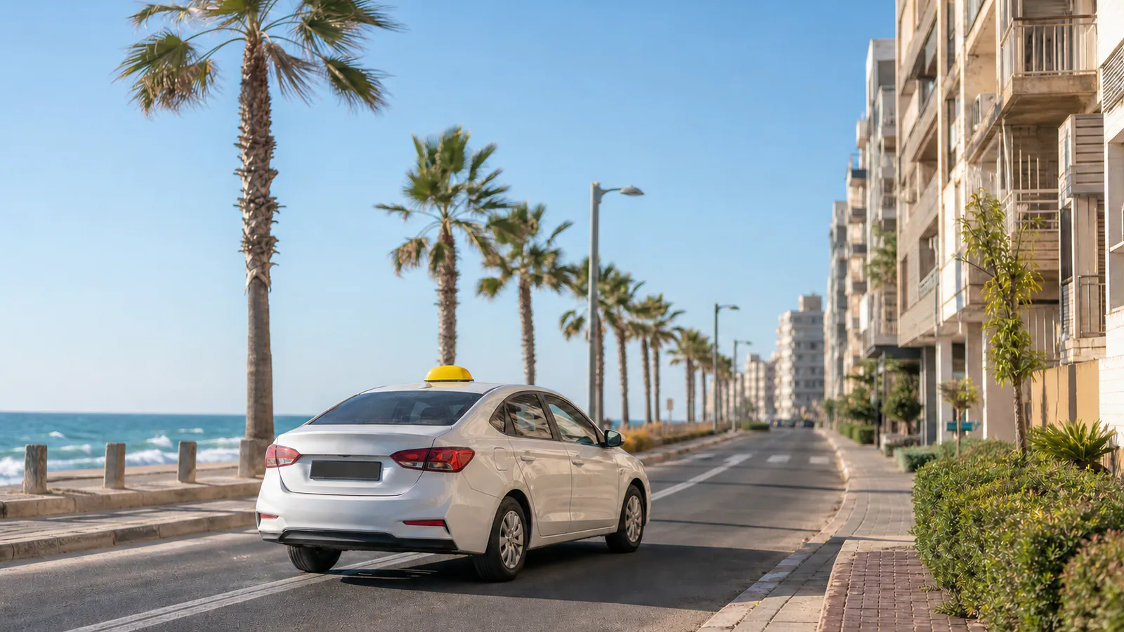 מונית לבנה עם כובע צהוב באווירה עירונית של בת ים