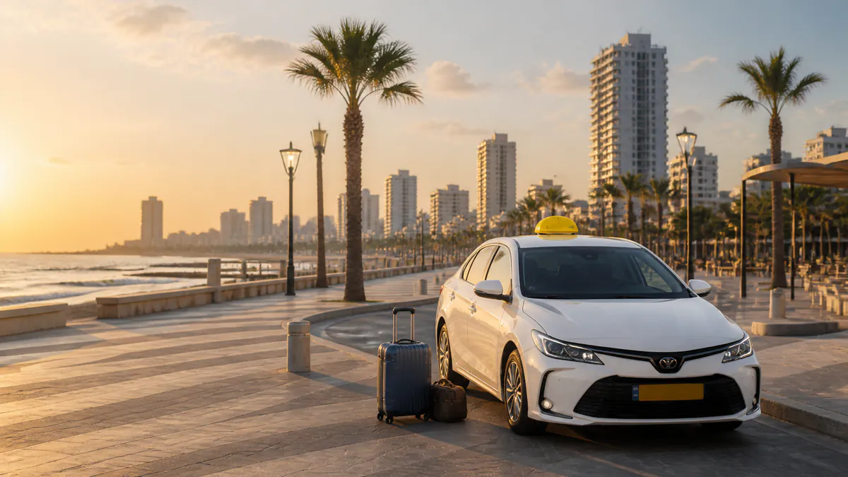 מונית לבנה עם כובע צהוב ומטען לפני יציאה מבת ים