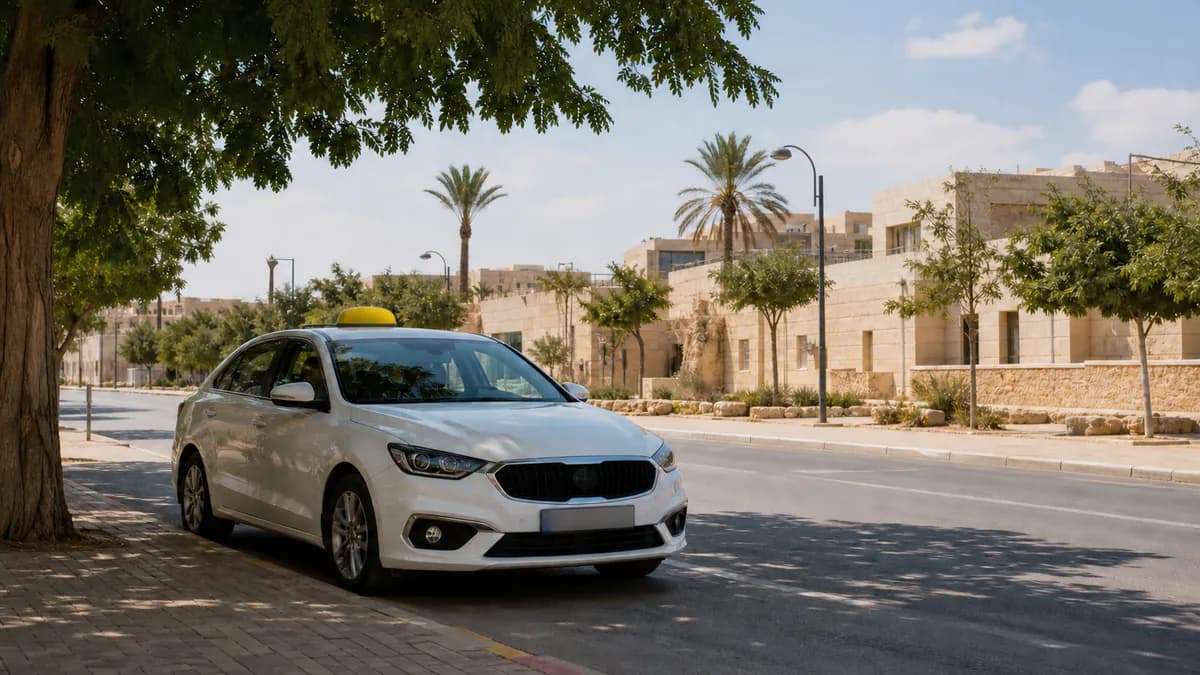 מונית לבנה עם כובע צהוב באווירת רחוב בבאר שבע