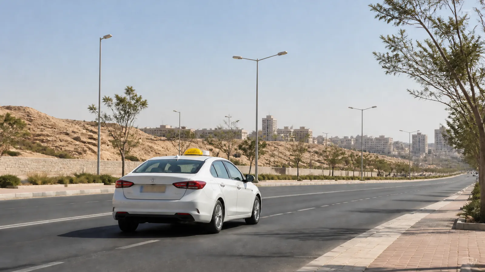 מונית לבנה עם כובע צהוב באווירה עירונית של באר שבע