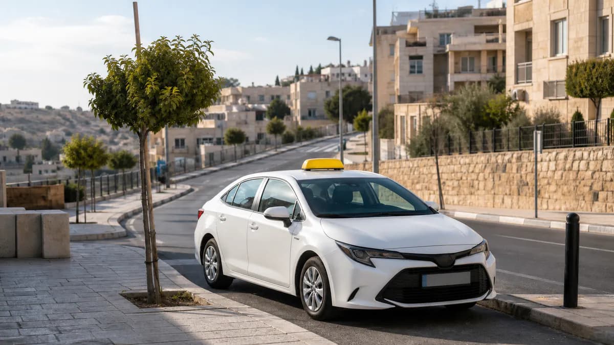 מונית לבנה עם כובע צהוב באווירת רחוב בבית שמש