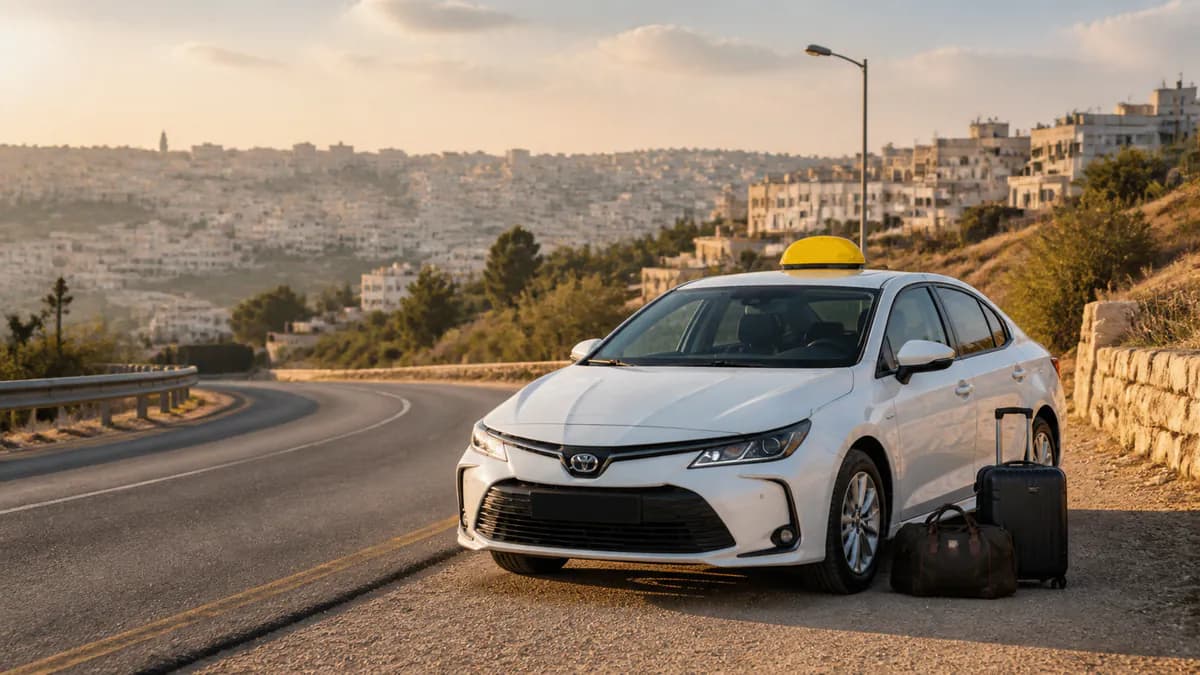 מונית לבנה עם כובע צהוב ומטען לפני יציאה מבית שמש