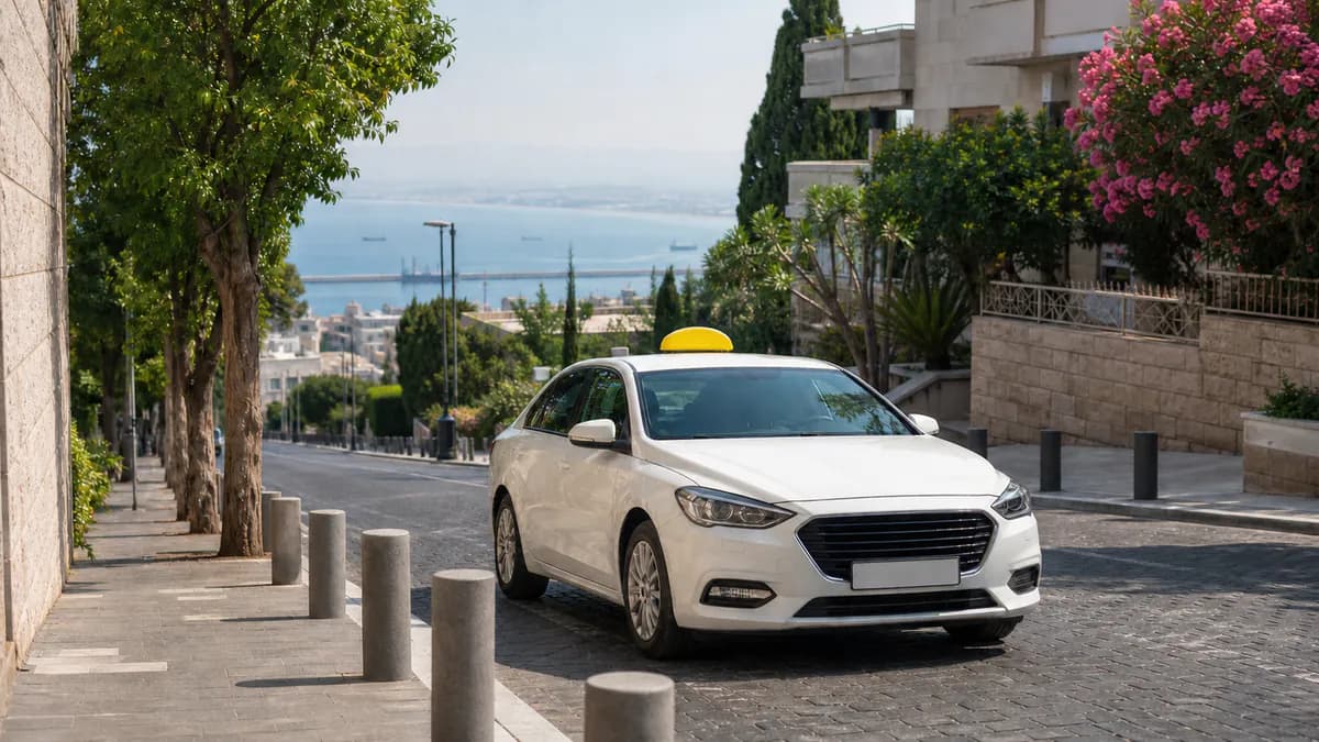 מונית לבנה עם כובע צהוב באווירת רחוב בחיפה