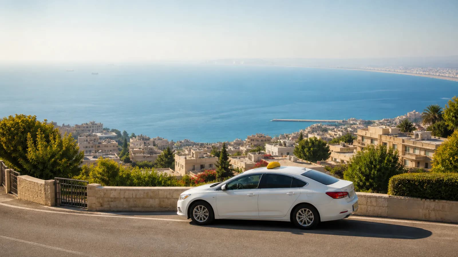 מונית לבנה עם כובע צהוב באווירה עירונית של חיפה