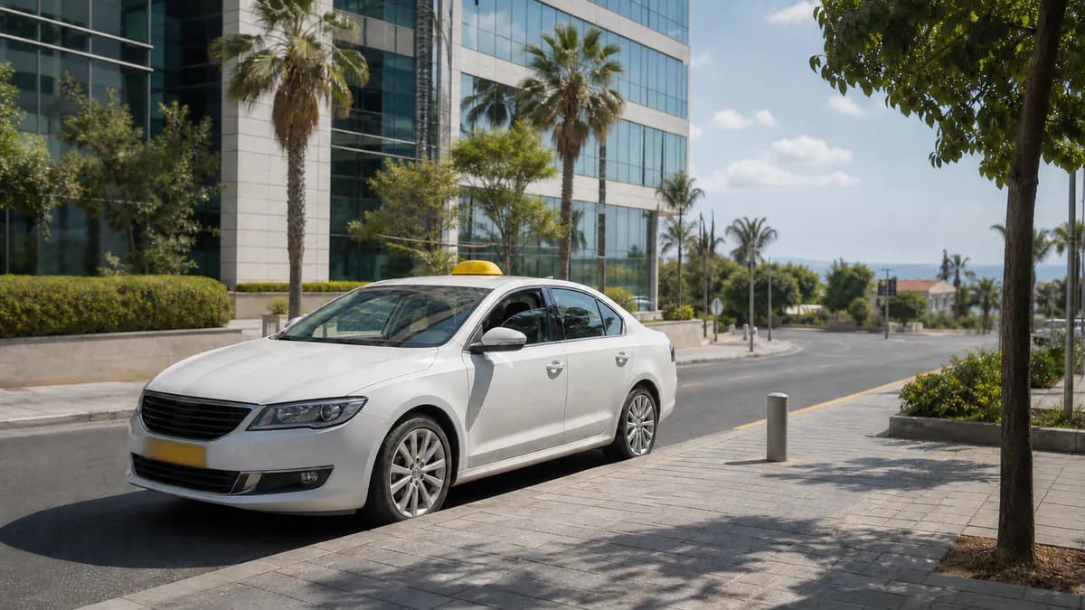 מונית לבנה עם כובע צהוב באווירת רחוב בהרצליה
