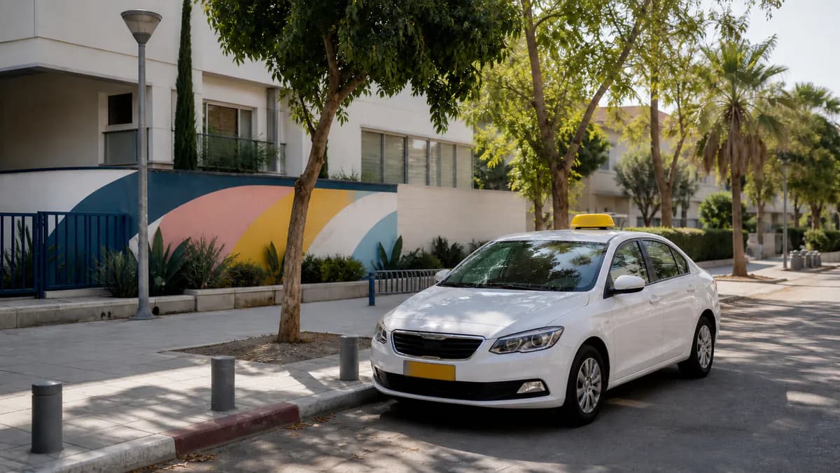 מונית לבנה עם כובע צהוב באווירת רחוב בחולון