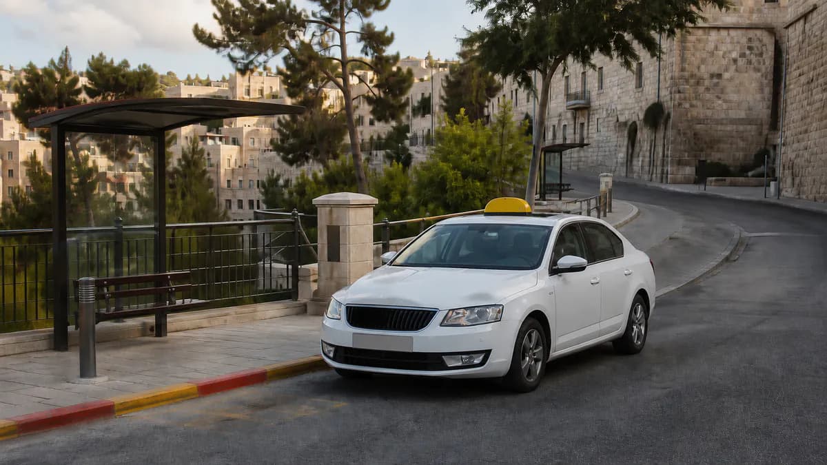 מונית לבנה עם כובע צהוב באווירת רחוב בירושלים