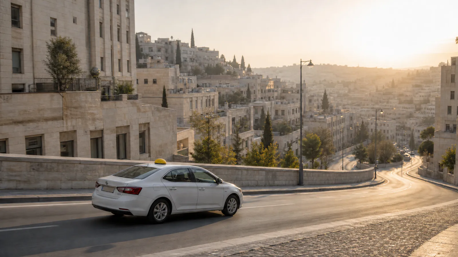 מונית לבנה עם כובע צהוב באווירה עירונית של ירושלים