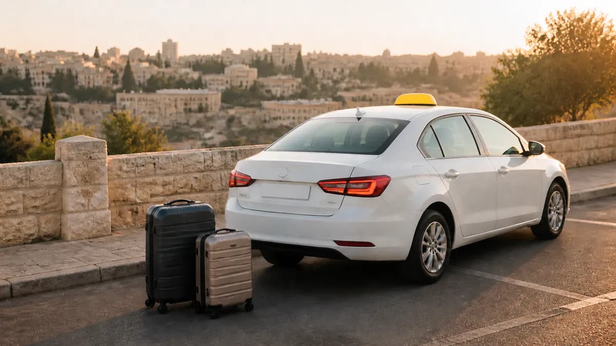 מונית לבנה עם כובע צהוב ומטען לפני יציאה מירושלים