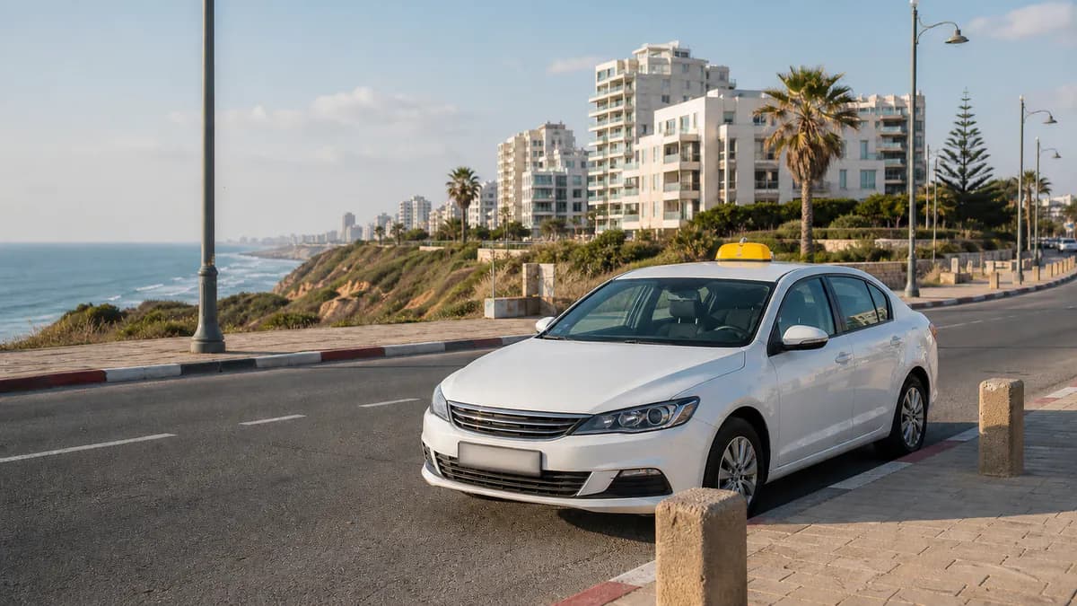 מונית לבנה עם כובע צהוב באווירת רחוב בנתניה