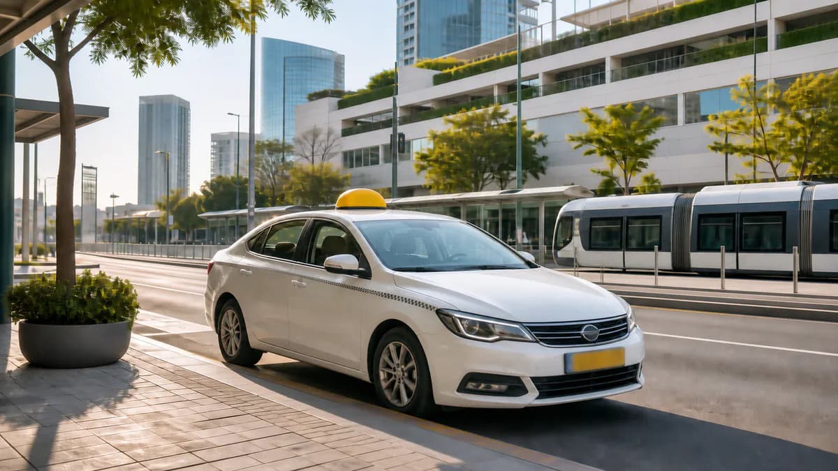 מונית לבנה עם כובע צהוב באווירת רחוב בפתח תקווה