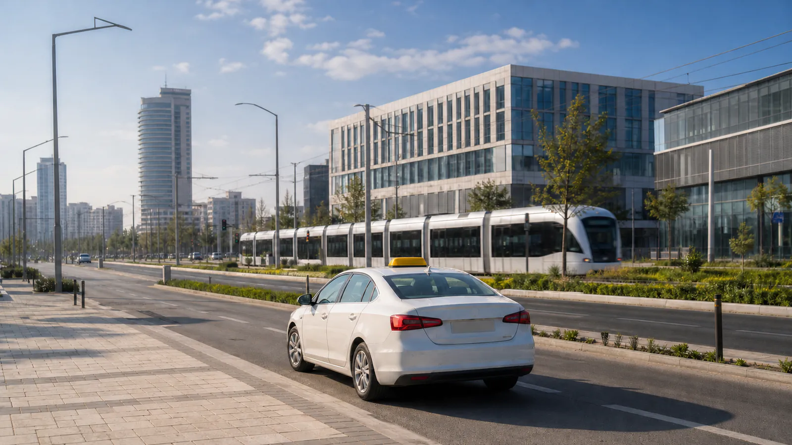 מונית לבנה עם כובע צהוב באווירה עירונית של פתח תקווה
