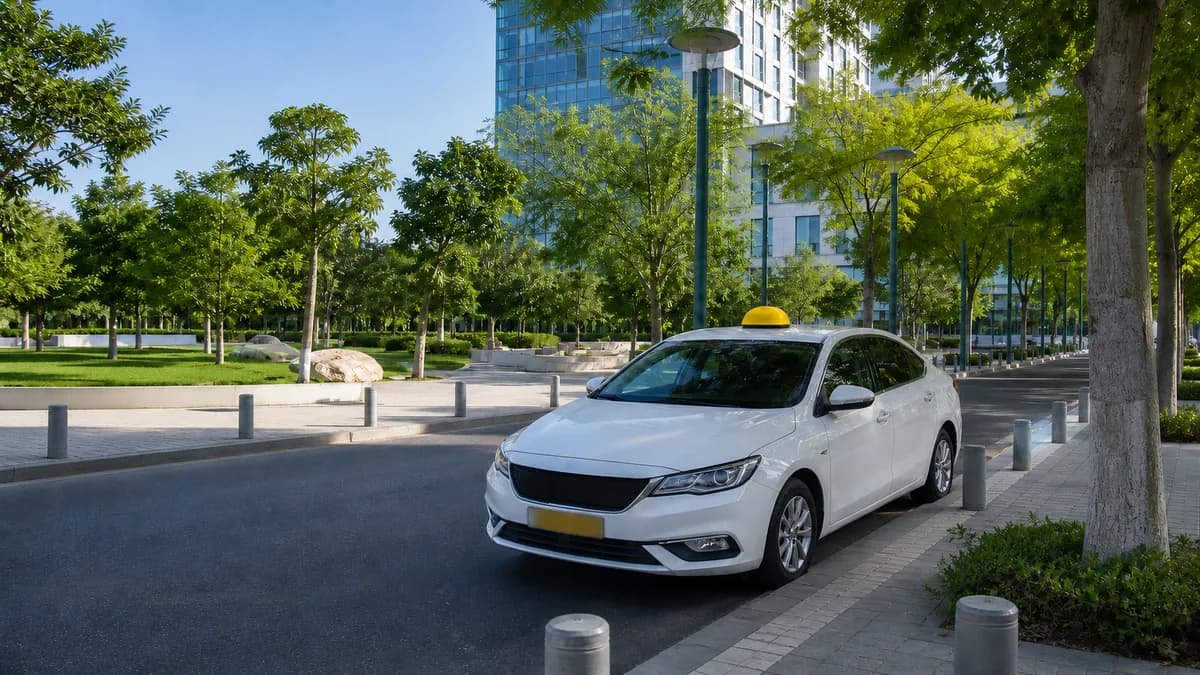 מונית לבנה עם כובע צהוב באווירת רחוב ברעננה