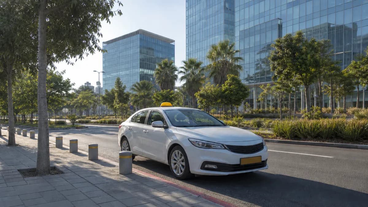 מונית לבנה עם כובע צהוב באווירת רחוב ברמת גן