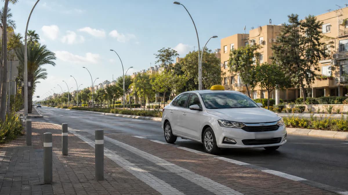 מונית לבנה עם כובע צהוב באווירת רחוב בראשון לציון