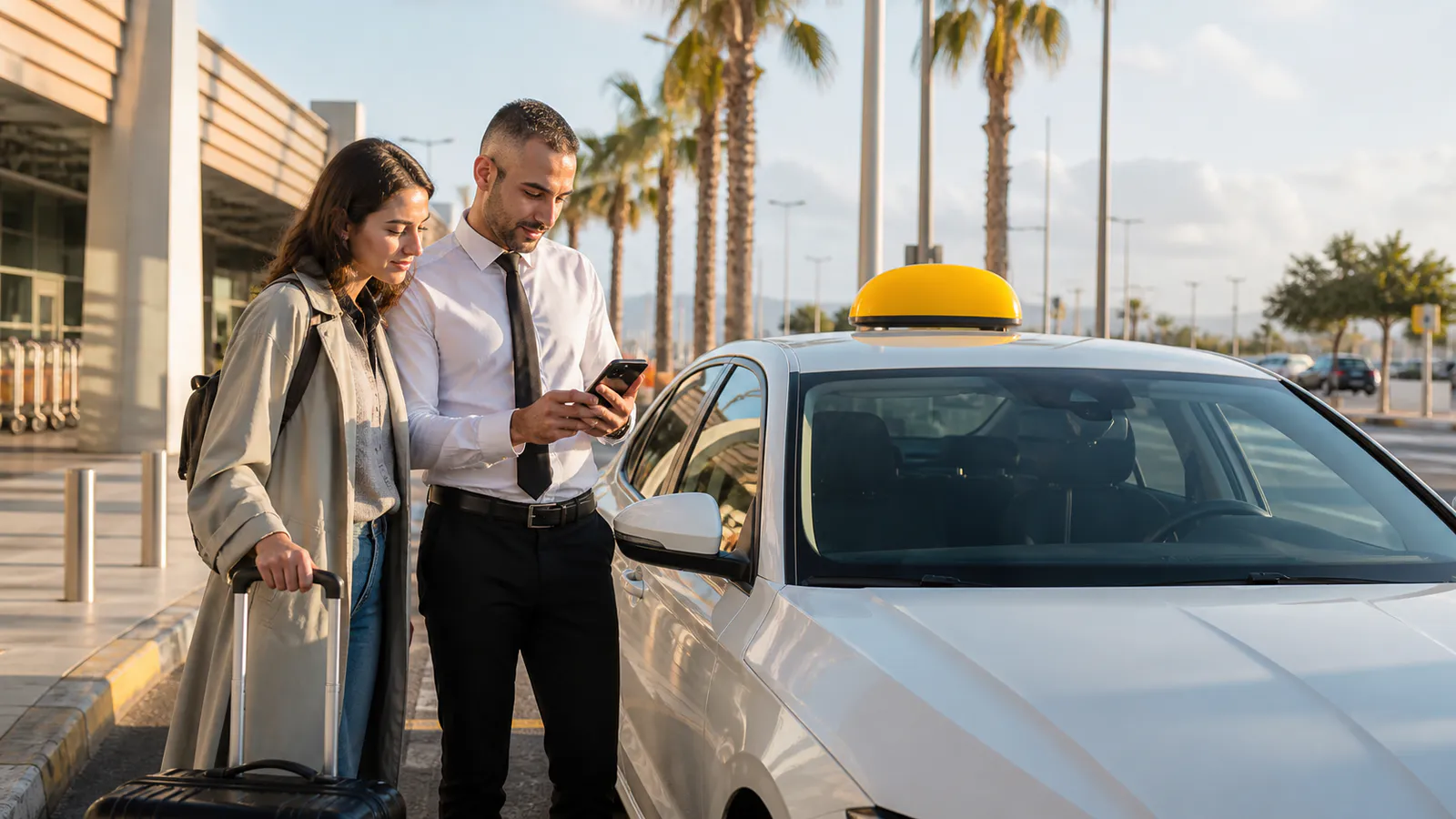 נהג מונית ונוסעת בודקים מסלול ליד מונית לבנה ישראלית