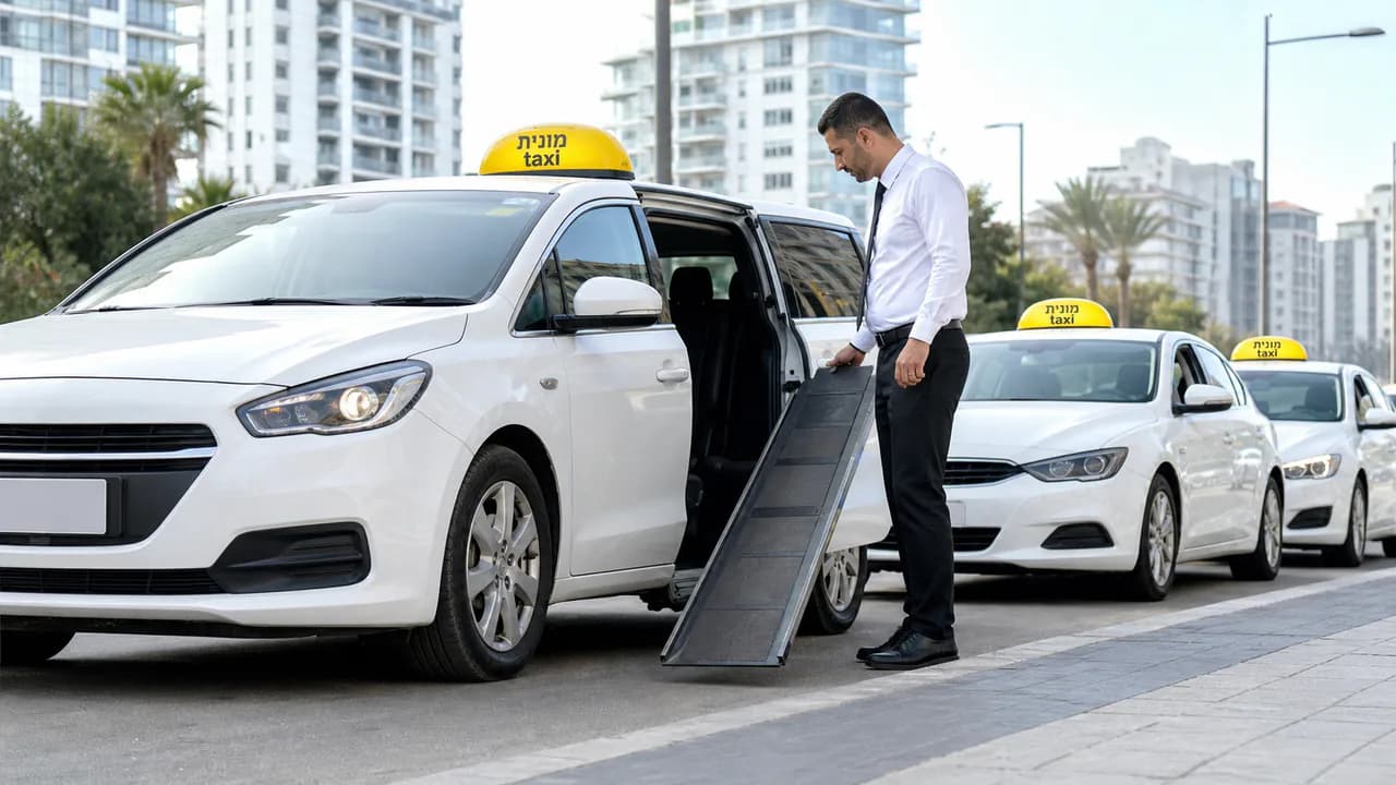 נהג בודק רמפת עלייה של מונית לבנה נגישה