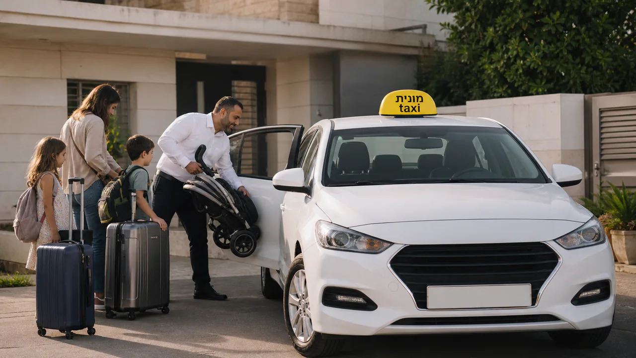 נהג מעמיס עגלה ומזוודות למשפחה לפני נסיעה לנתב״ג