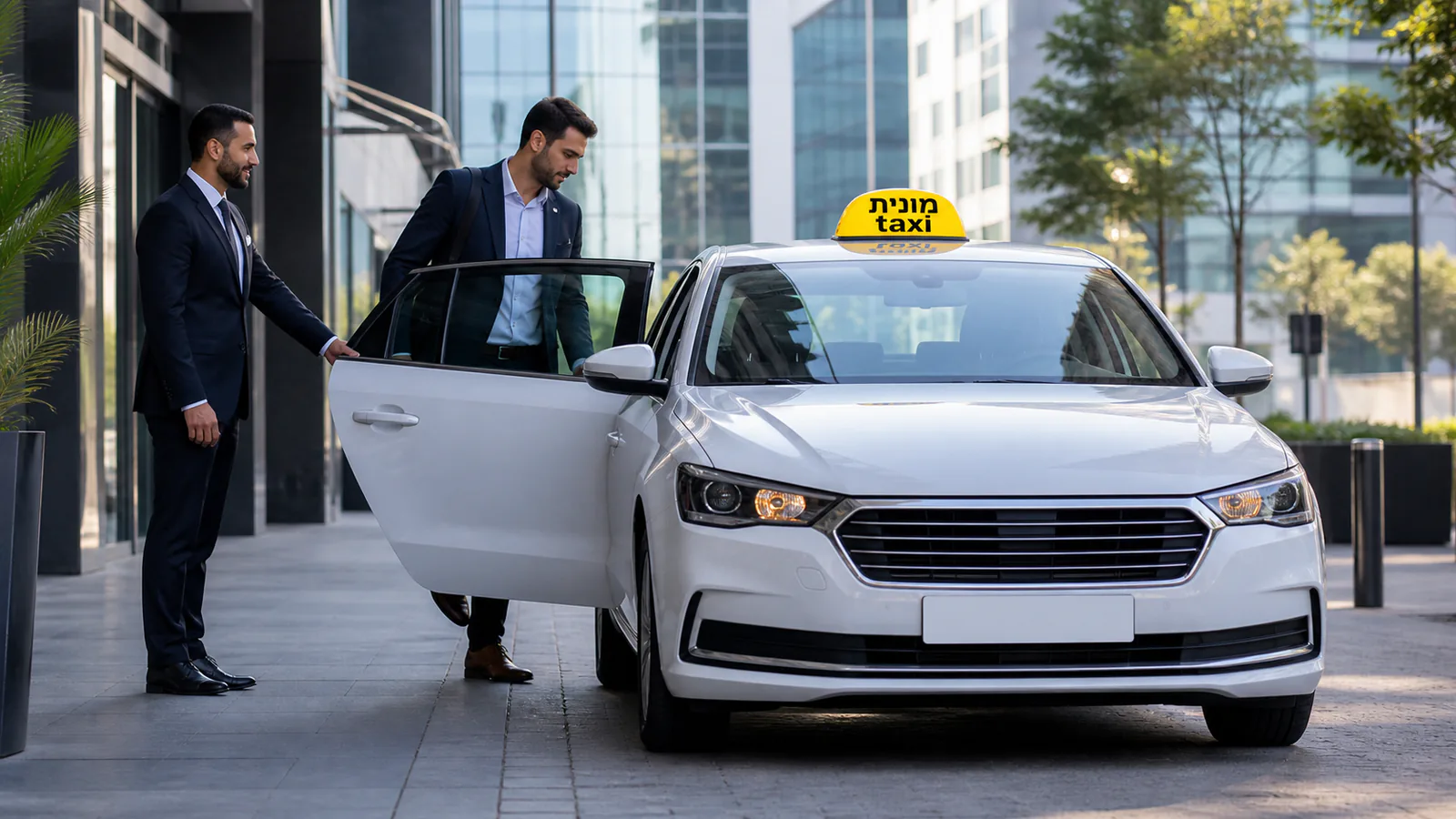 נוסע עסקי נכנס למונית לבנה נקייה באזור משרדים
