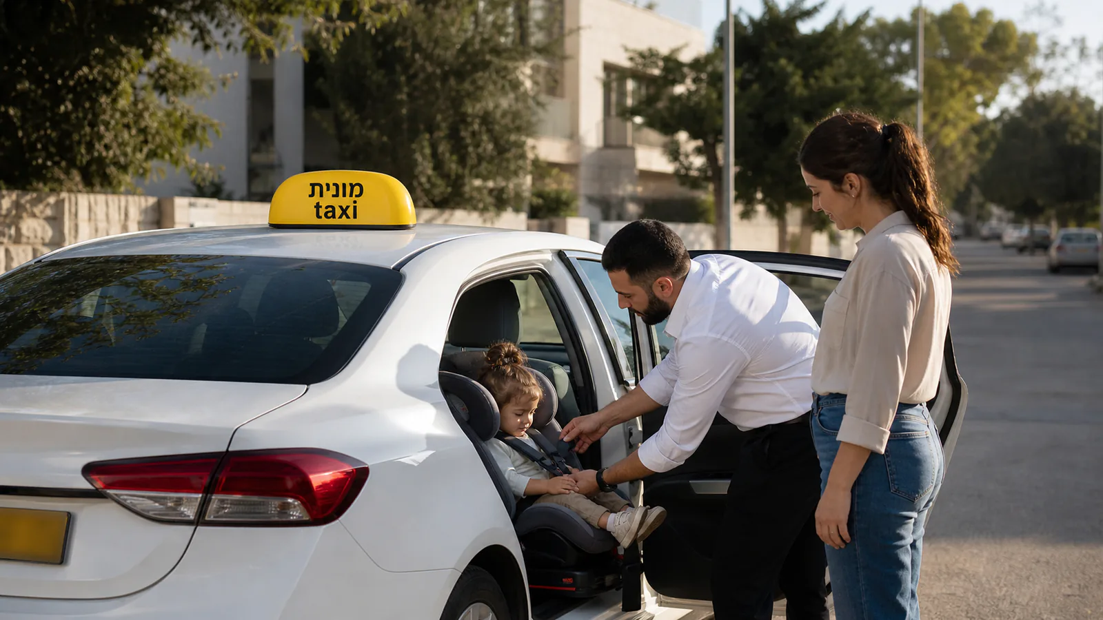 נהג מסייע להורה לחגור ילדה בכיסא בטיחות במונית לבנה