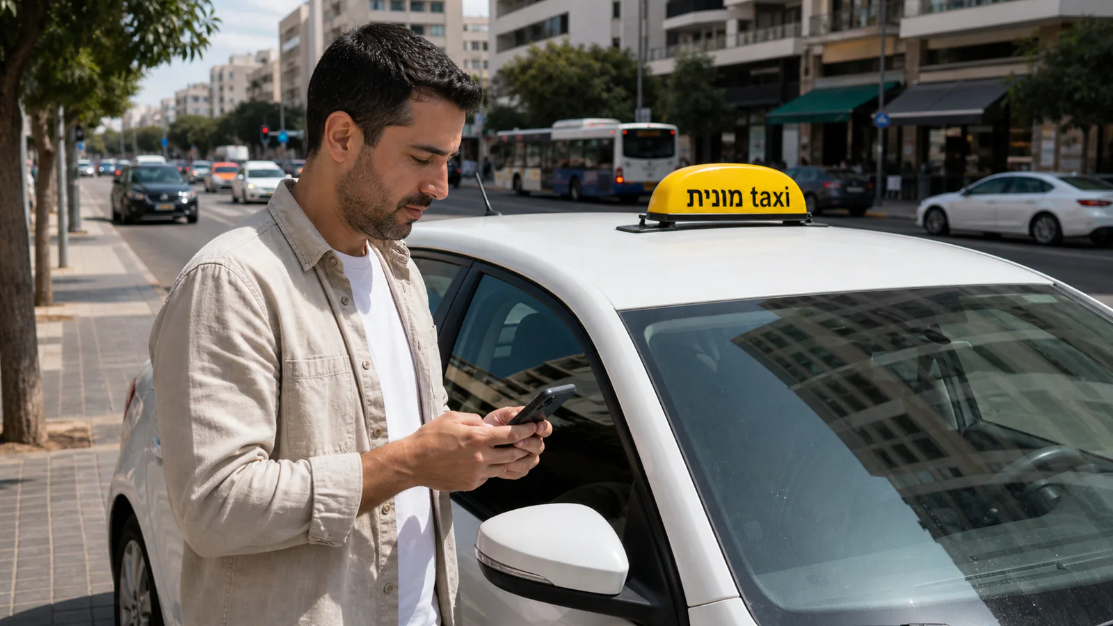 נוסע מכין פרטי מסלול בטלפון ליד מונית לבנה