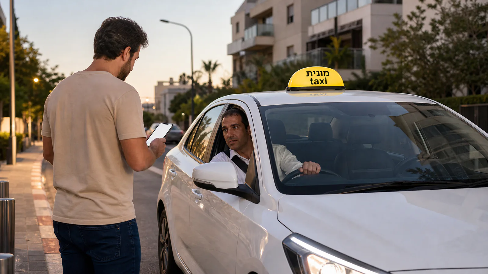 נוסע מתאם מראש איסוף עם נהג ליד מונית לבנה