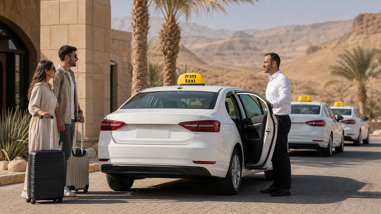 זוג עם מזוודות פוגש נהג מונית בסביבה מדברית בדרום