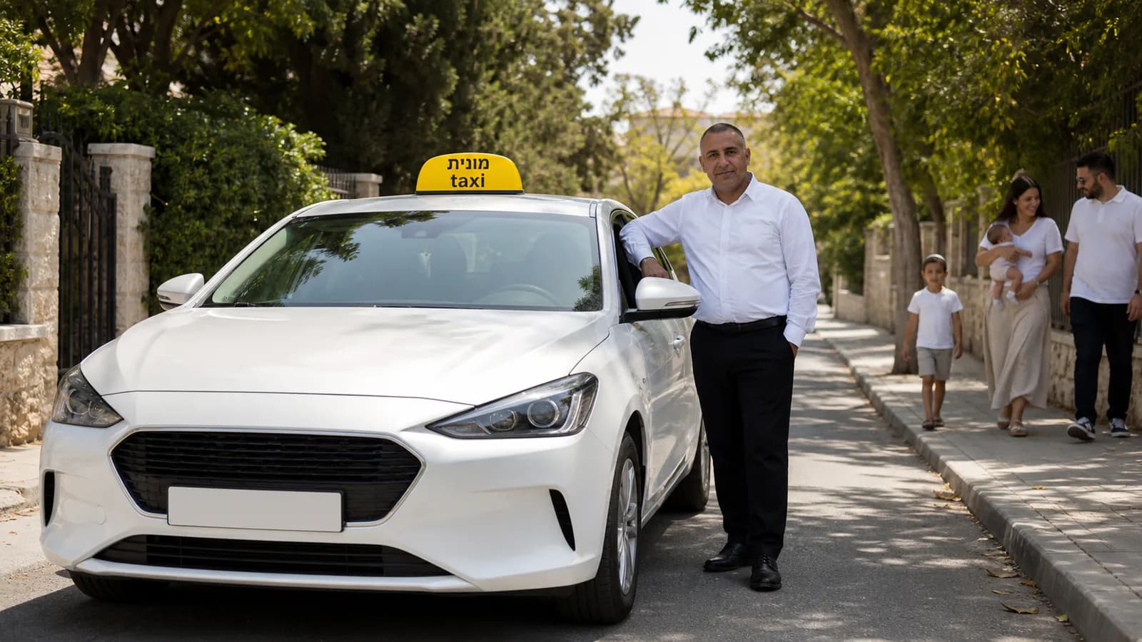 מונית לבנה ברחוב מגורים ישראלי שקט בסוף השבוע