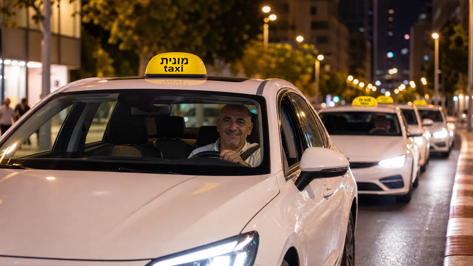 מונית לבנה עם כובע צהוב ברחוב עירוני ישראלי מואר בלילה