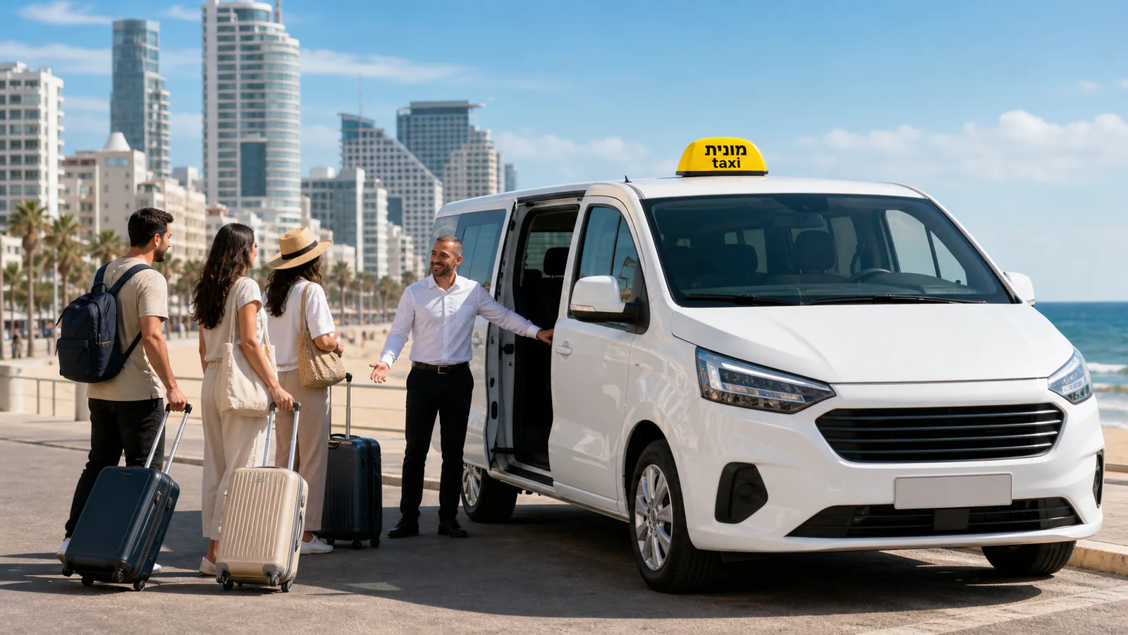 קבוצה עם מזוודות פוגשת נהג ליד מונית לבנה בת שמונה מקומות