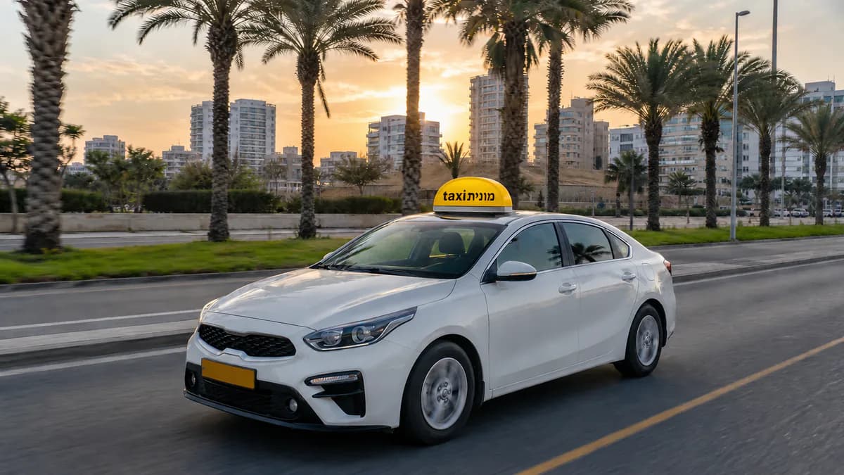 מונית לבנה עם כובע צהוב ועליו הכיתוב מונית taxi לאחר נסיעה מנתב״ג לאשדוד