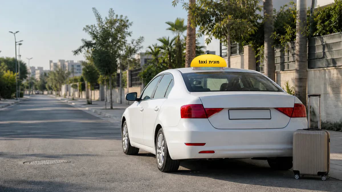 מונית לבנה עם כובע צהוב ועליו הכיתוב מונית taxi ומזוודות לקראת יציאה מאשדוד