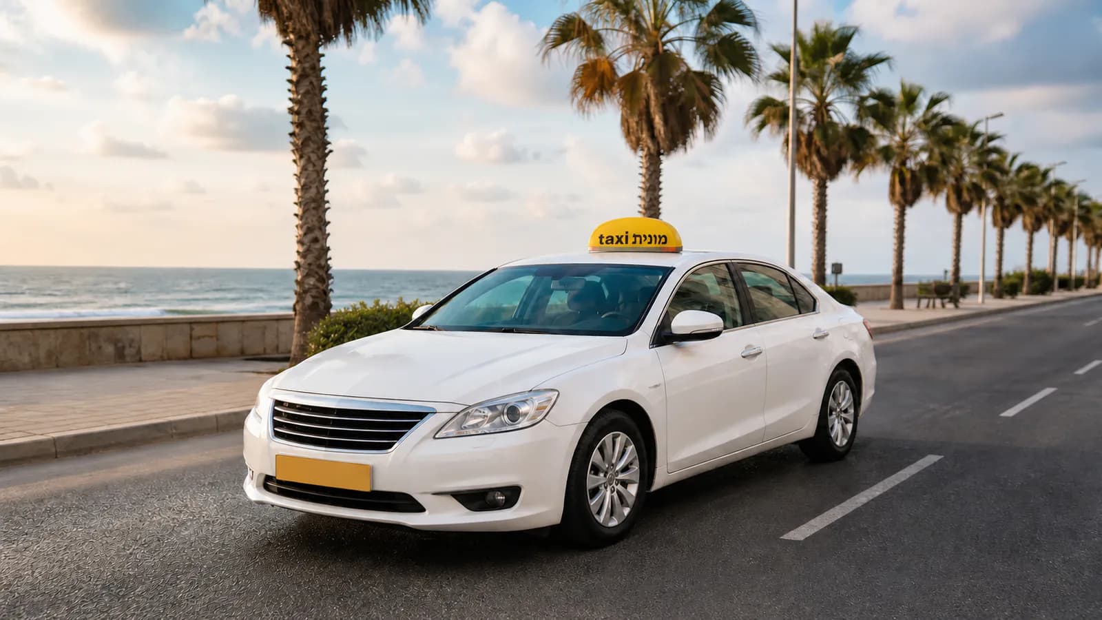מונית לבנה עם כובע צהוב ועליו הכיתוב מונית taxi בתכנון מסלול בין אשדוד לנתב״ג