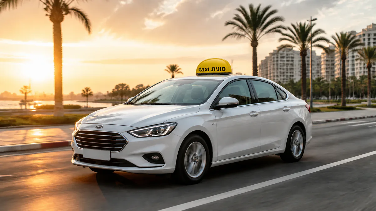 מונית לבנה עם כובע צהוב ועליו הכיתוב מונית taxi לאחר נסיעה מנתב״ג לאשקלון