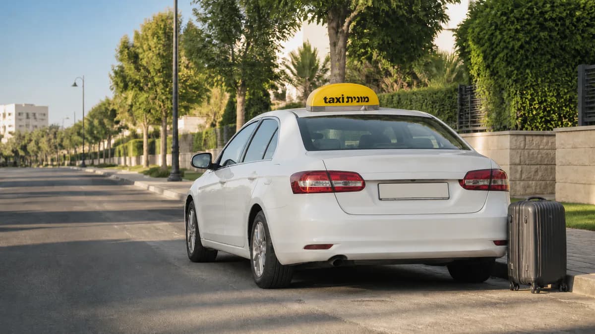 מונית לבנה עם כובע צהוב ועליו הכיתוב מונית taxi ומזוודות לקראת יציאה מאשקלון