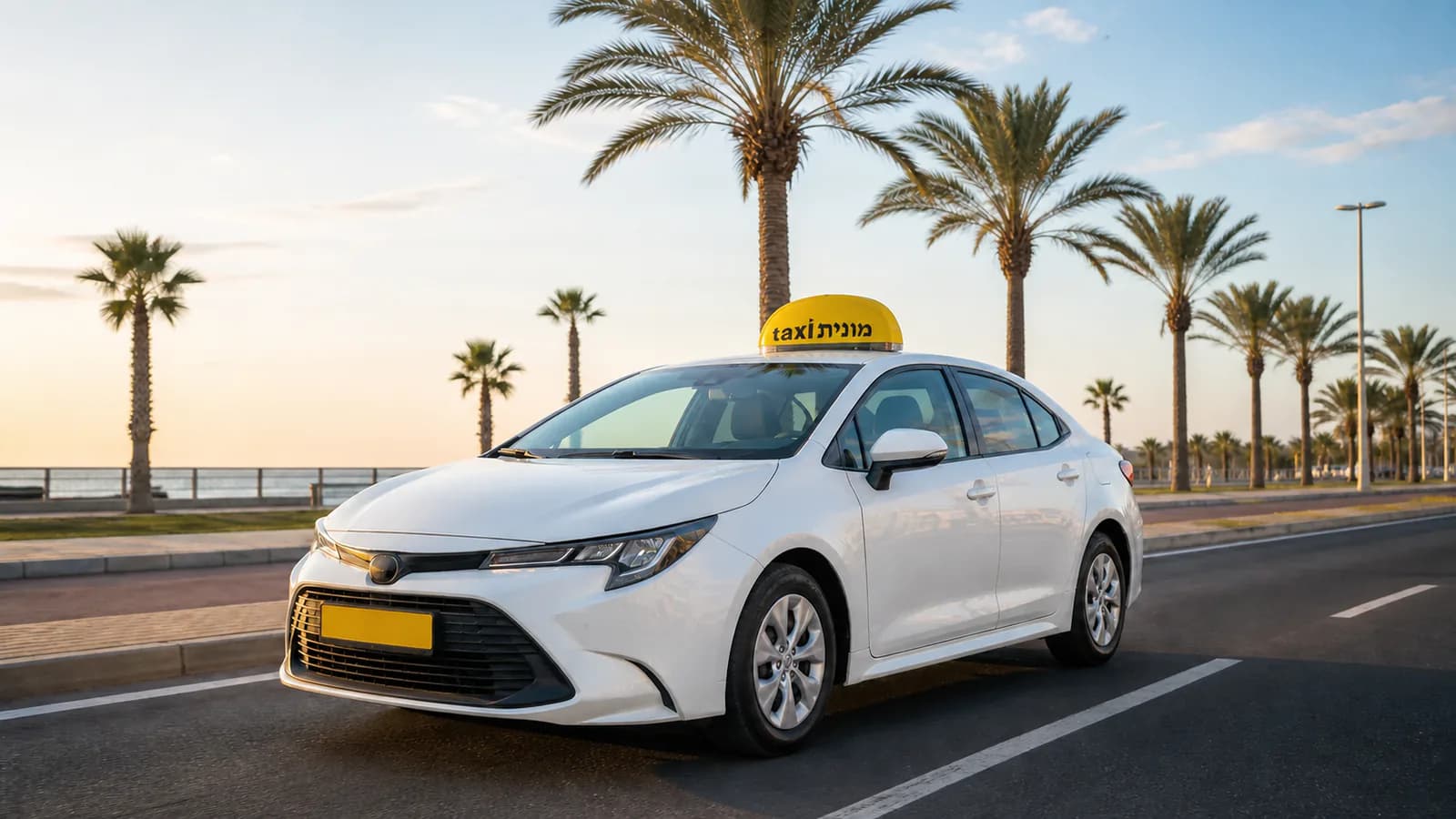 מונית לבנה עם כובע צהוב ועליו הכיתוב מונית taxi בתכנון מסלול בין אשקלון לנתב״ג