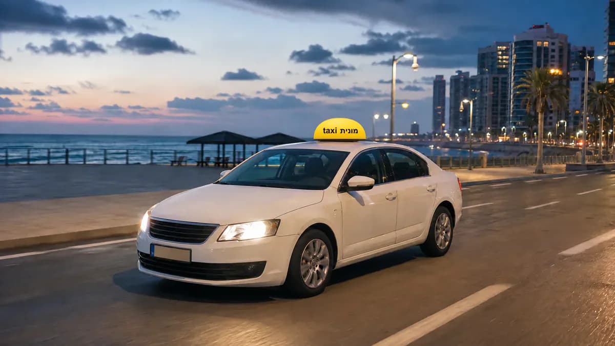 מונית לבנה עם כובע צהוב ועליו הכיתוב מונית taxi לאחר נסיעה מנתב״ג לבת ים
