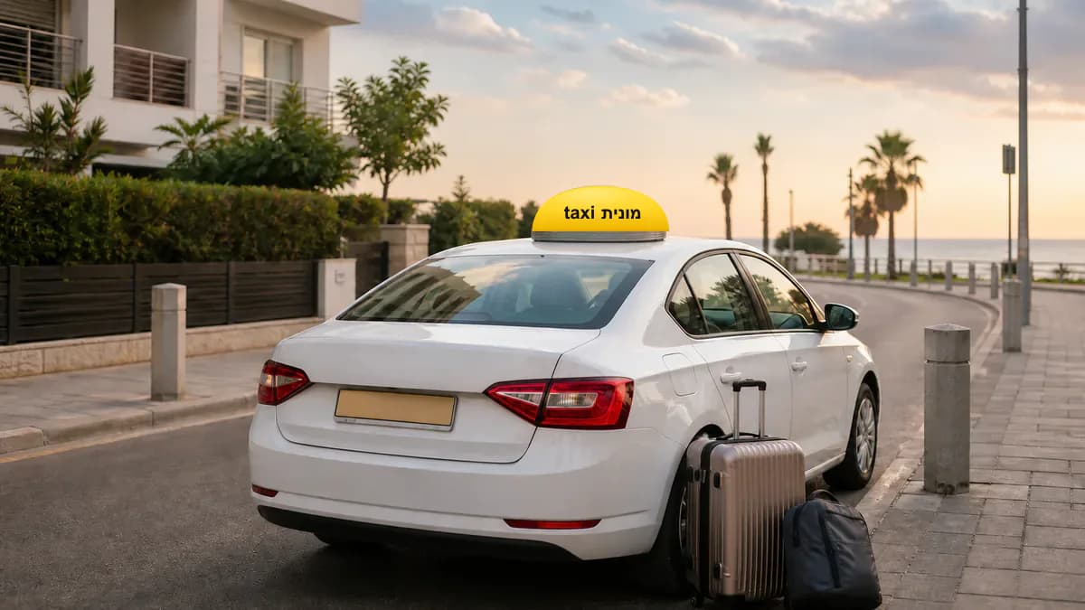 מונית לבנה עם כובע צהוב ועליו הכיתוב מונית taxi ומזוודות לקראת יציאה מבת ים
