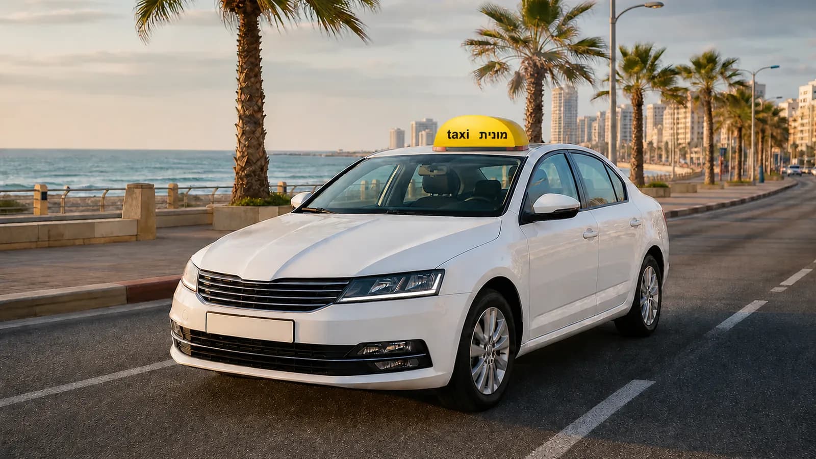 מונית לבנה עם כובע צהוב ועליו הכיתוב מונית taxi בתכנון מסלול בין בת ים לנתב״ג