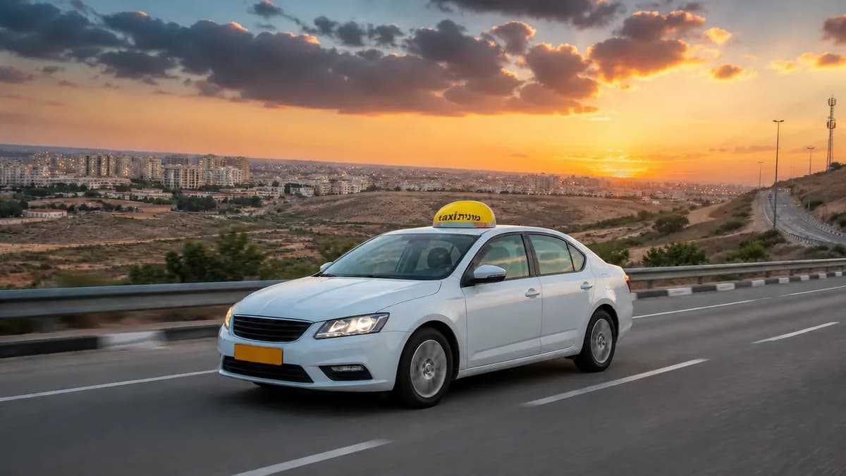 מונית לבנה עם כובע צהוב ועליו הכיתוב מונית taxi לאחר נסיעה מנתב״ג לבאר שבע
