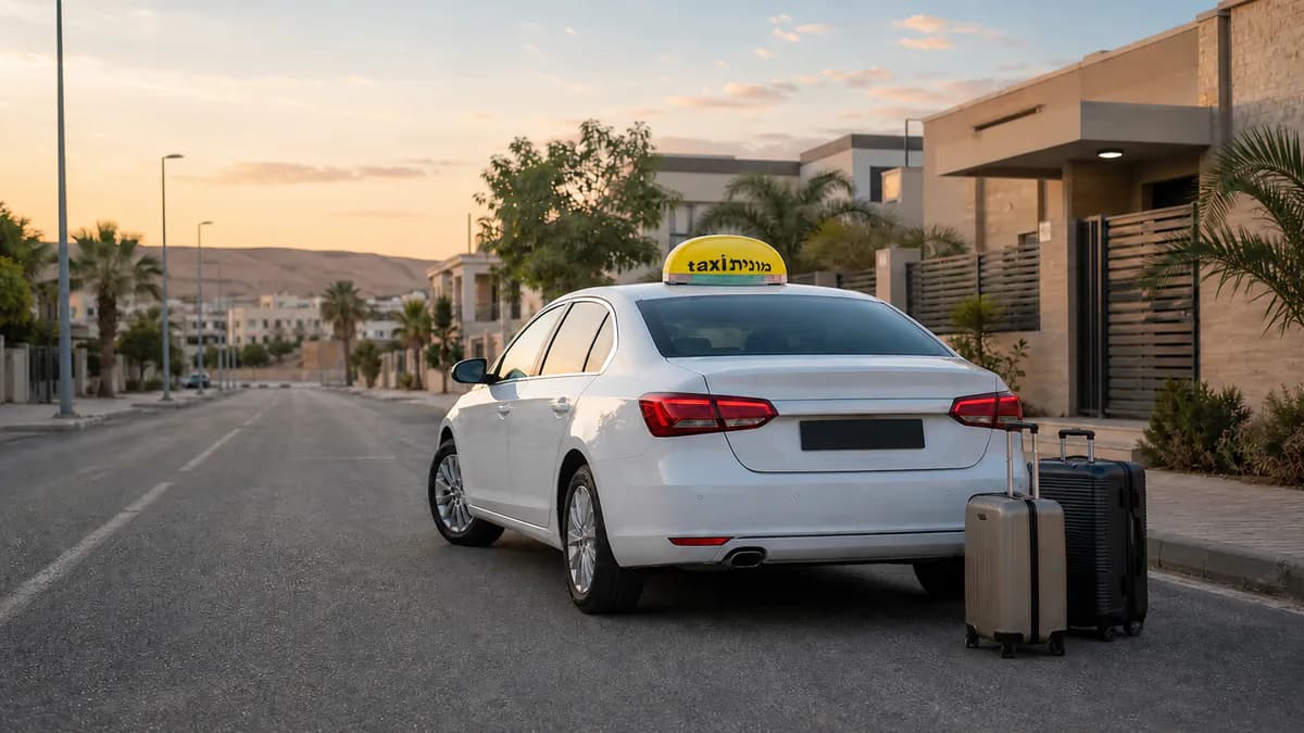 מונית לבנה עם כובע צהוב ועליו הכיתוב מונית taxi ומזוודות לקראת יציאה מבאר שבע