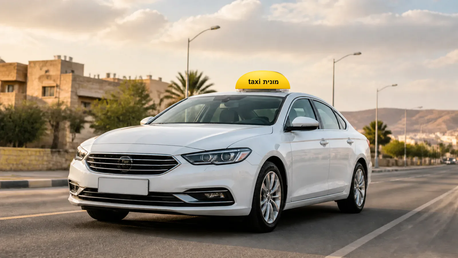 מונית לבנה עם כובע צהוב ועליו הכיתוב מונית taxi בתכנון מסלול בין באר שבע לנתב״ג