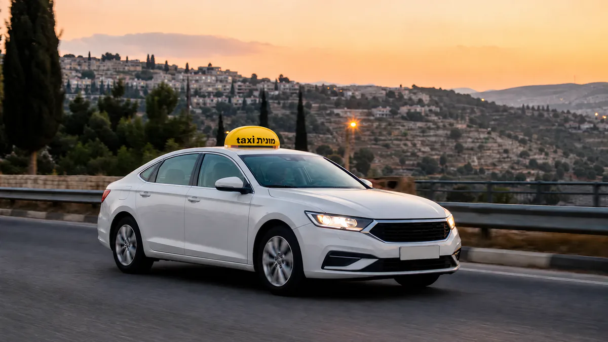 מונית לבנה עם כובע צהוב ועליו הכיתוב מונית taxi לאחר נסיעה מנתב״ג לבית שמש