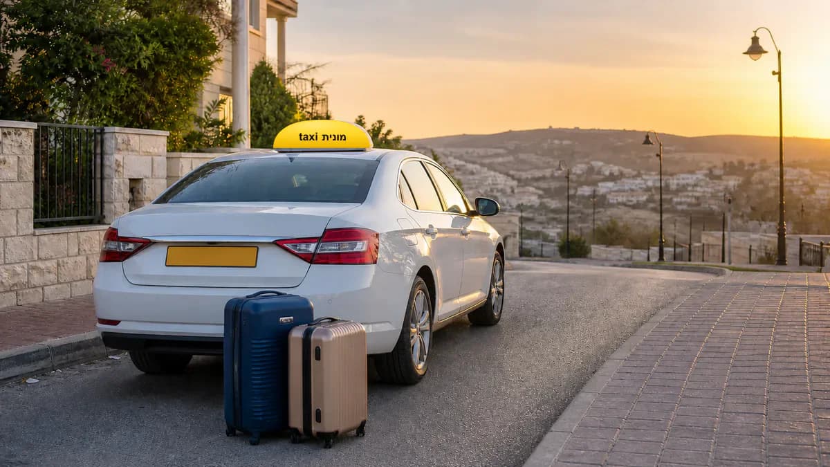 מונית לבנה עם כובע צהוב ועליו הכיתוב מונית taxi ומזוודות לקראת יציאה מבית שמש