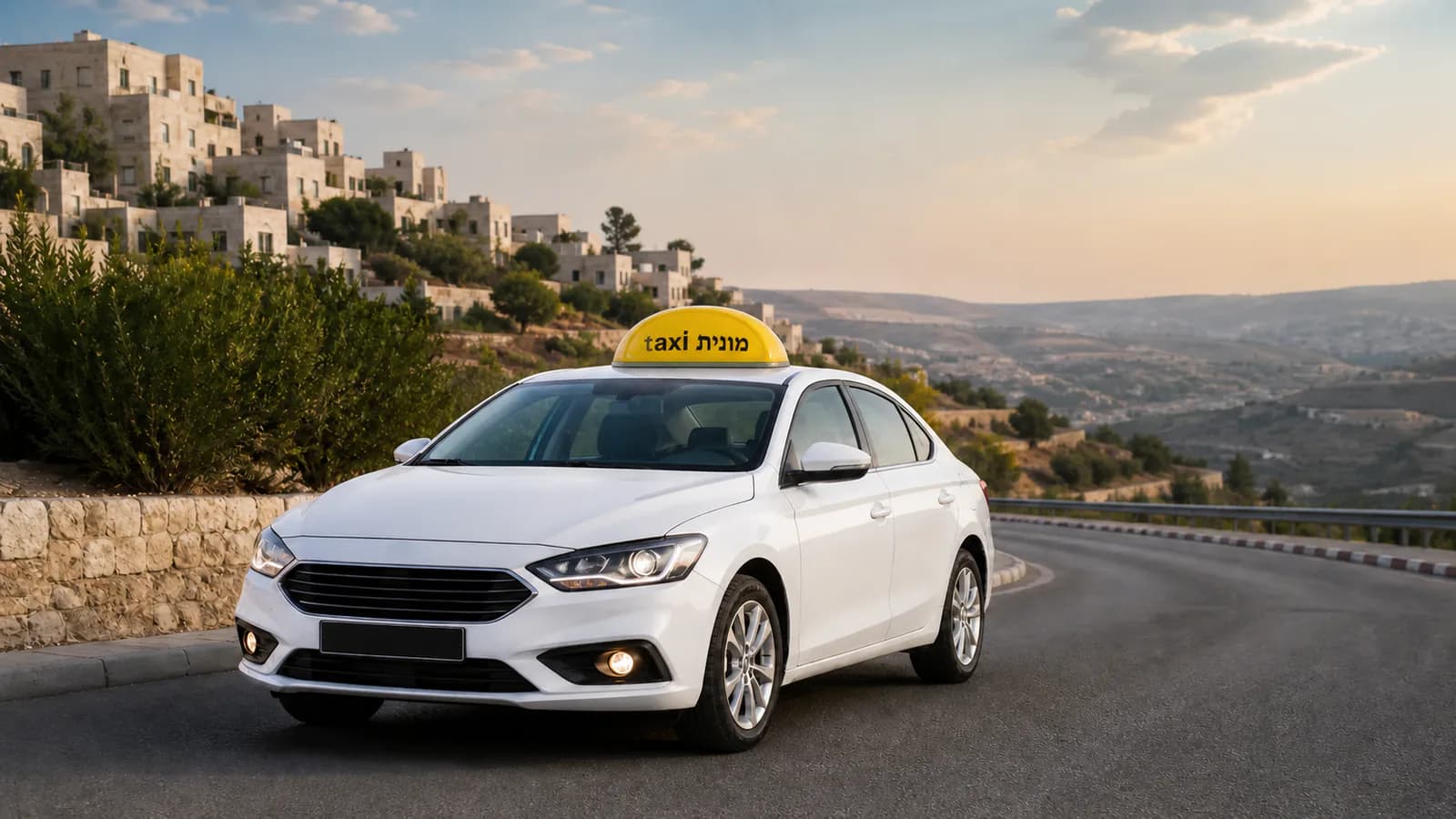 מונית לבנה עם כובע צהוב ועליו הכיתוב מונית taxi בתכנון מסלול בין בית שמש לנתב״ג