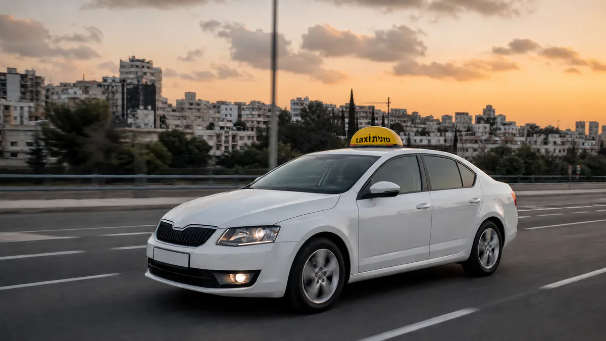 מונית לבנה עם כובע צהוב ועליו הכיתוב מונית taxi לאחר נסיעה מנתב״ג לבני ברק
